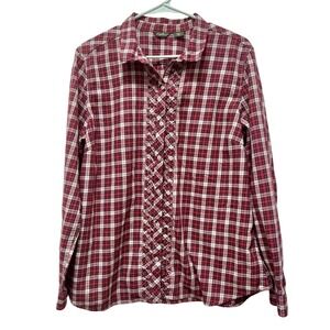 Eddie Bauer Womens Red Plaid Long Sleeve Button Down Shirt with Ruffle Front‎